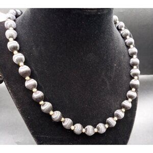 Gray Satin Silk Thread Beaded Necklace Vintage 1980s Korea 29 In Fashion Jewelry